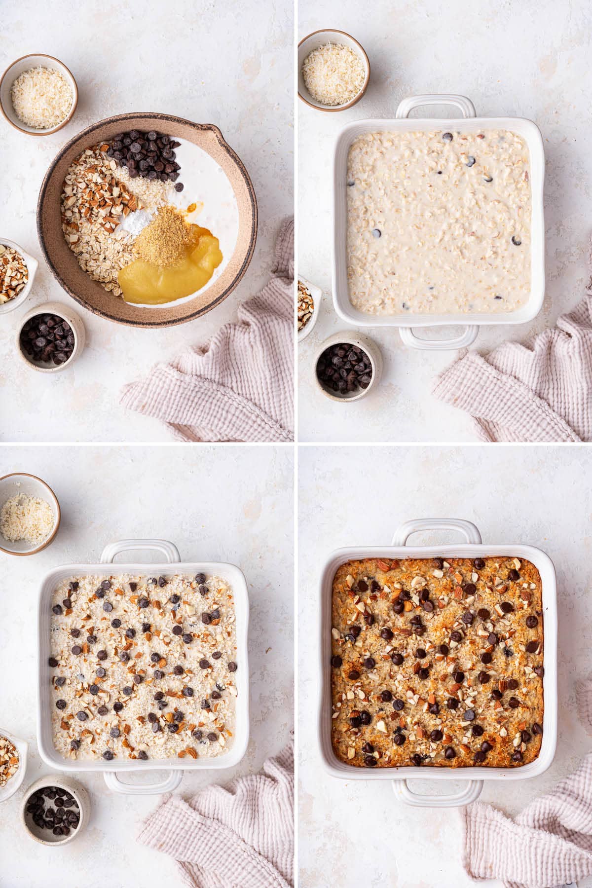 Collage of four photos showing the steps to make Almond Joy Baked Oatmeal: mixing oatmeal batter, pouring into a pan, topping with almonds and chocolate chips and then baking.