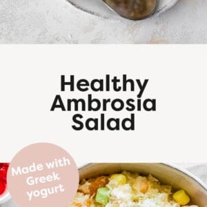 Photo of ambrosia salad on a plate, and a photo of a serving bowl of ambrosia salad.