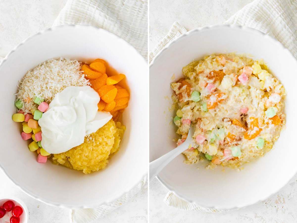 Side by side photos of the ingredients to make Healthy Ambrosia Salad in a bowl, before and after being mixed.