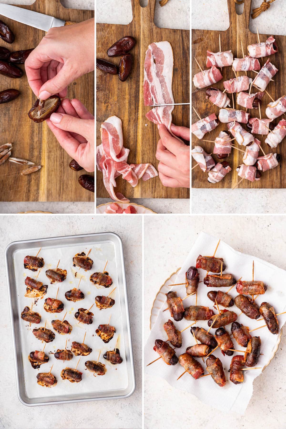 Five photos showing the steps to make Bacon Wrapped Dates: taking pits out of medjool dates, cutting bacon slices in half, wrapping dates with bacon, baking and then draining the fat on a paper towel.