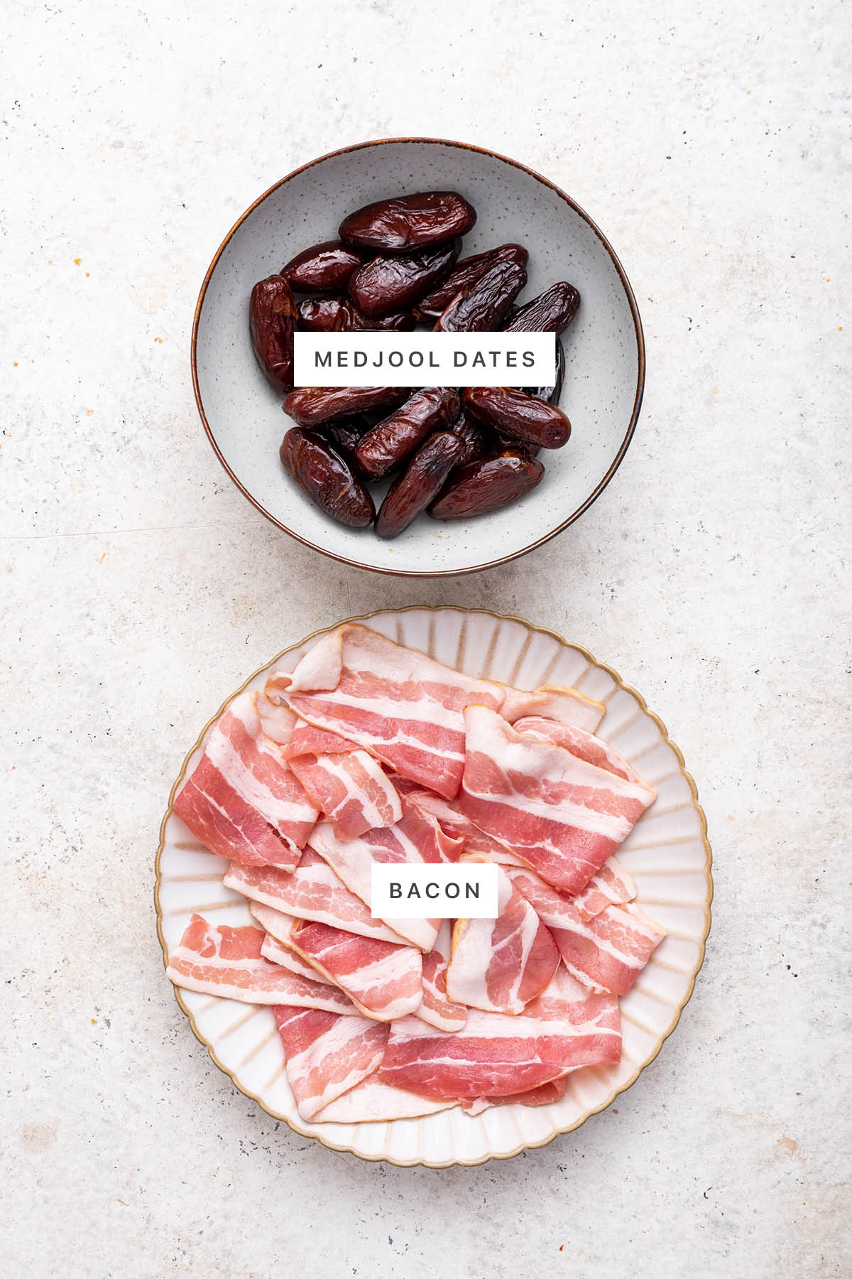 Ingredients measured out to make Bacon Wrapped Dates: medjool dates and bacon.