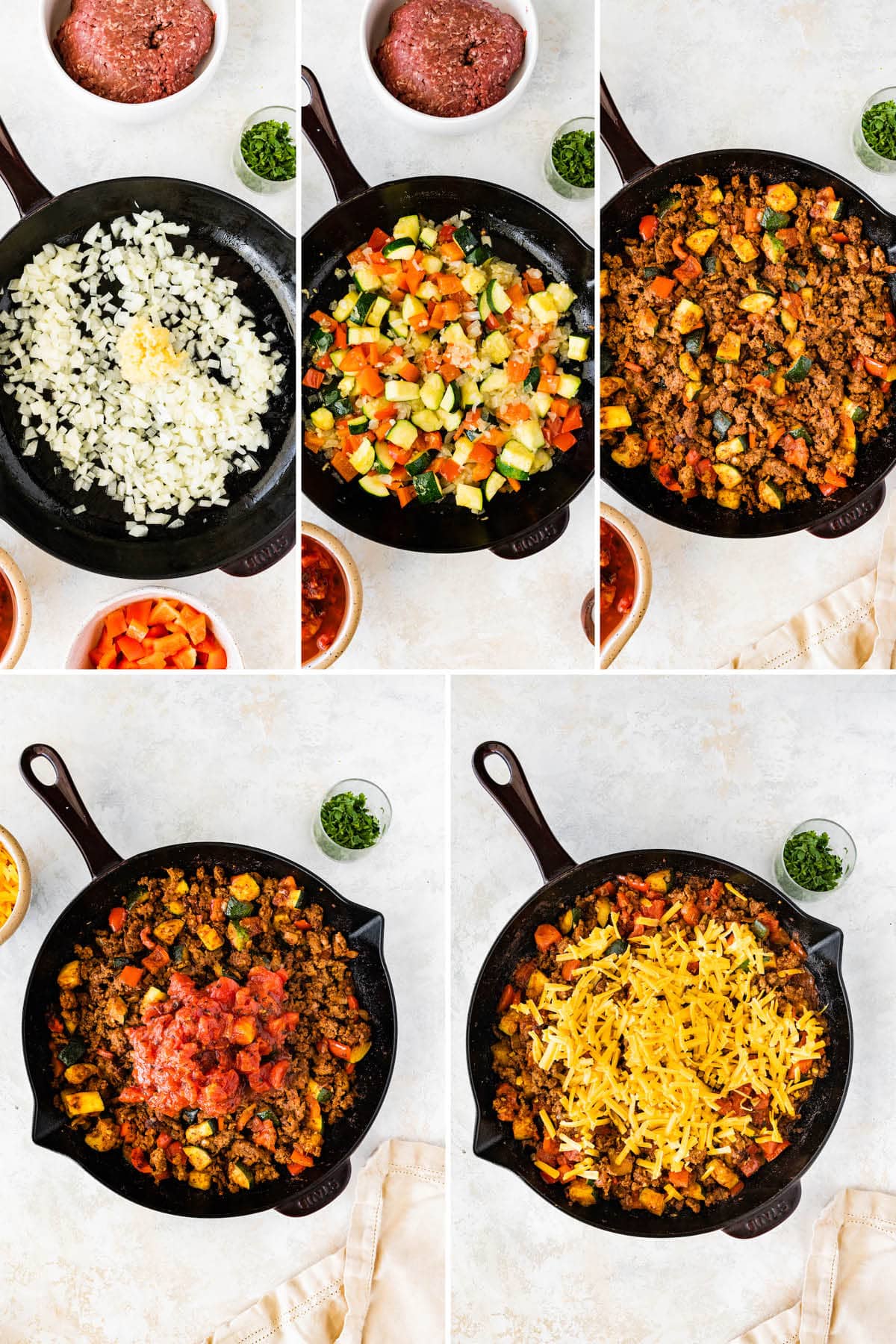 Five photos showing the steps to make a Ground Beef and Squash Skillet: sautéing veggies in a skillet, adding ground beef, tomatoes and cheddar on top.