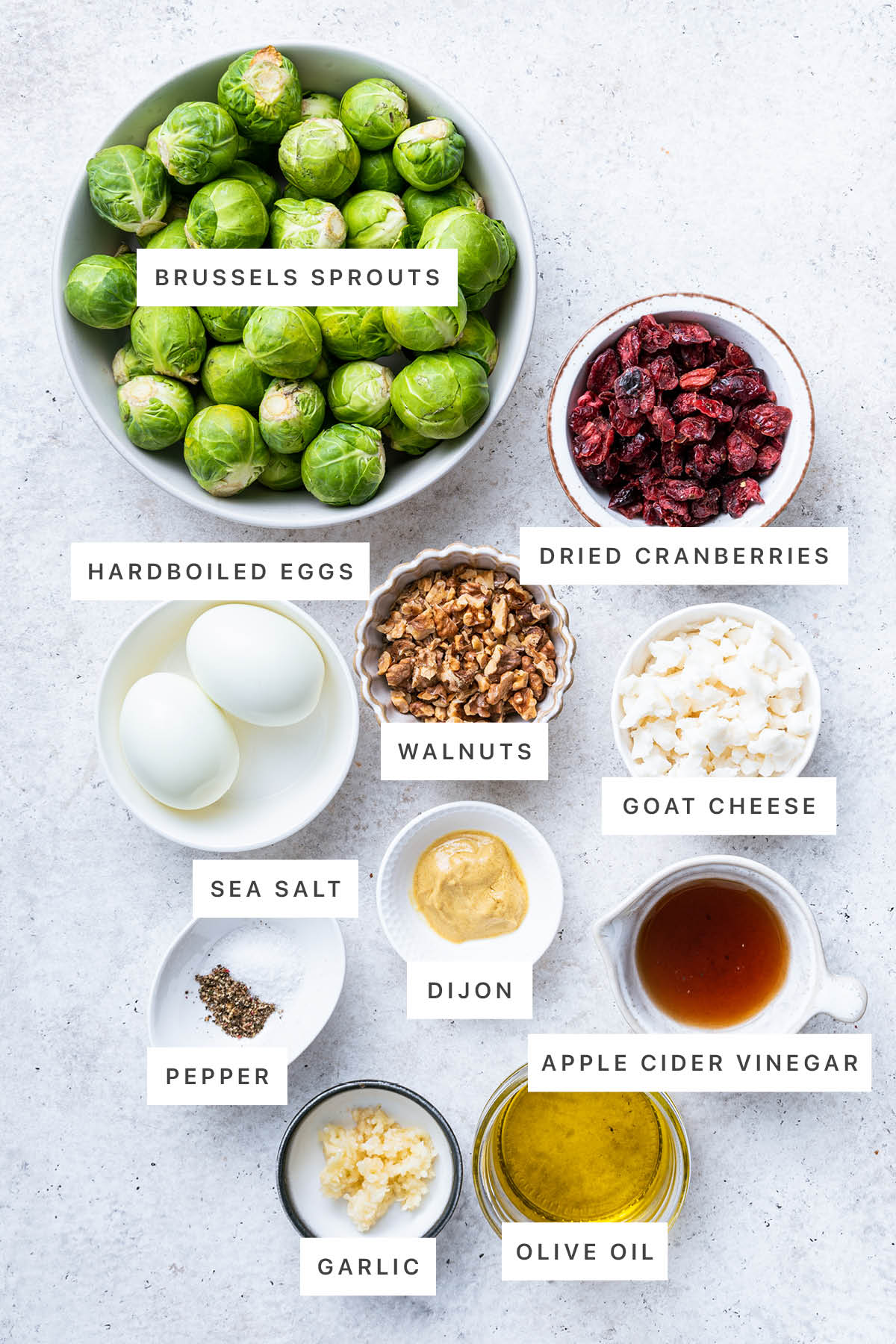 Ingredients measured out to make Brussels Sprout Chopped Salad: brussels sprouts, dried cranberries, hardboiled eggs, walnuts, goat cheese, sea salt, pepper, dijon, apple cider vinegar, garlic and olive oil.