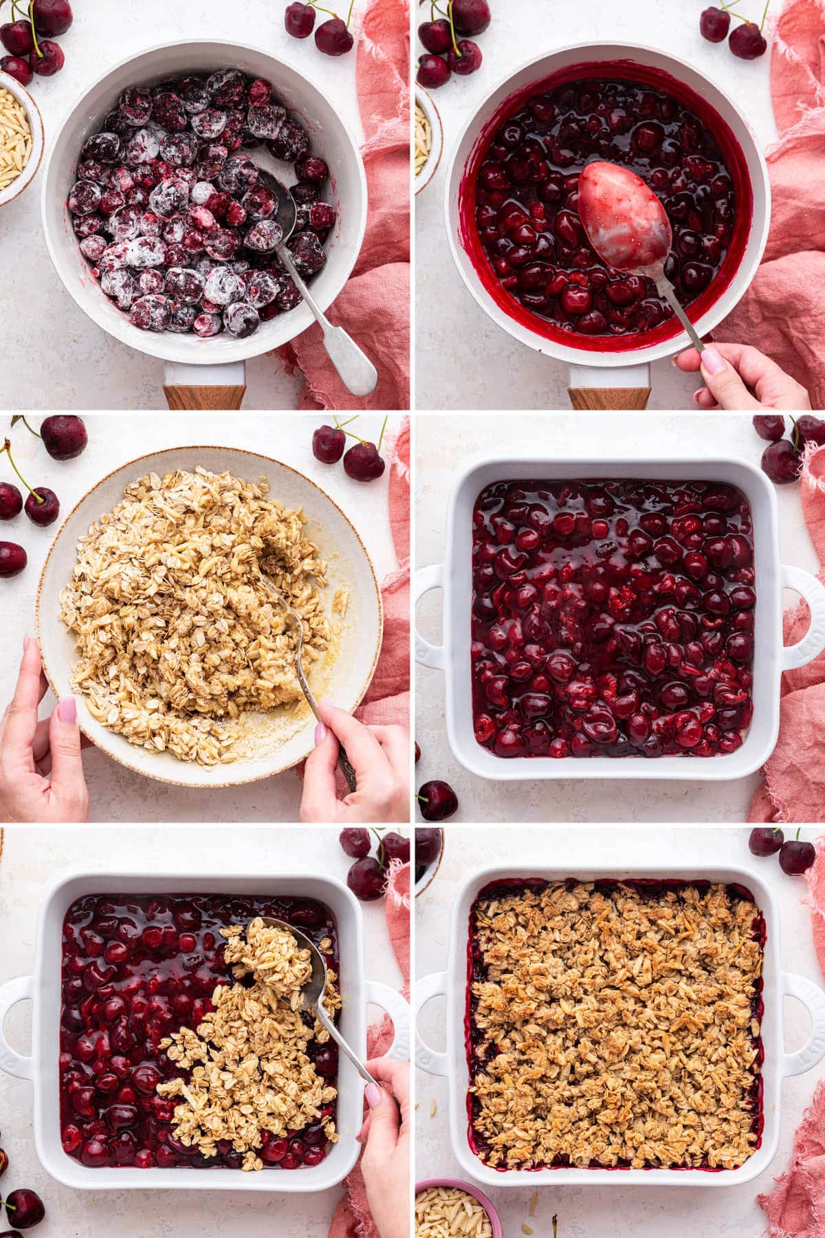 Six photos showing the steps to making Healthy Cherry Crisp: making cherry fitting in a small pot, making oatmeal crumble, and then topping the oat crumble on the cherries in a baking dish and baking.