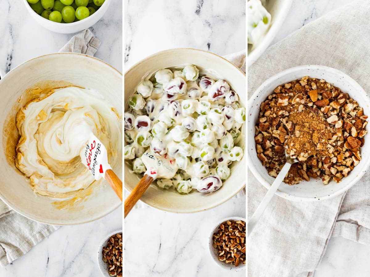 Three photos showing the steps to make Creamy Grape Salad: mixing the creamy dressing, tossing with grapes and mixing coconut sugar with pecans.