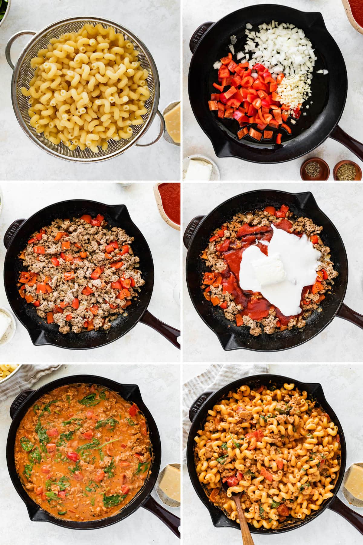 Six photos showing the steps to make Ground Turkey Pasta: cooking pasta, sautéing onion, garlic, peppers and ground turkey. Adding tomato sauce, cream cheese and coconut milk, simmering with spinach and then tossing with pasta.