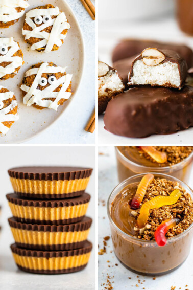 Collage of mummy pumpkin cookies, homemade Almond Joys, peanut butter cups and a pudding dirt cup.