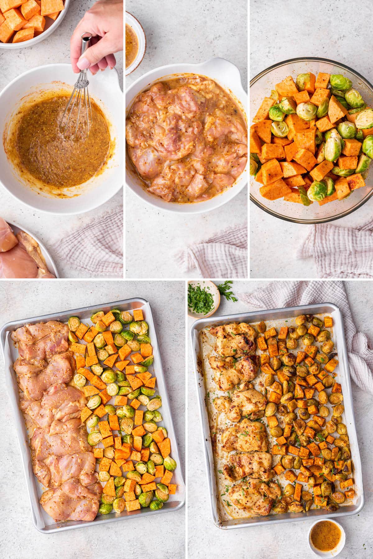 Collage of five photos showing the steps to make Honey Mustard Chicken Sheet Pan Meal: whisking together the honey mustard sauce, marinating the chicken thighs in honey mustard, tossing the chopped sweet potatoes and brussels sprouts in seasoning, and then adding the food to a sheet pan to roast.