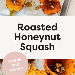 Roasted Honeynut Squash on a sheet pan topped with chopped pecans and maple syrup.