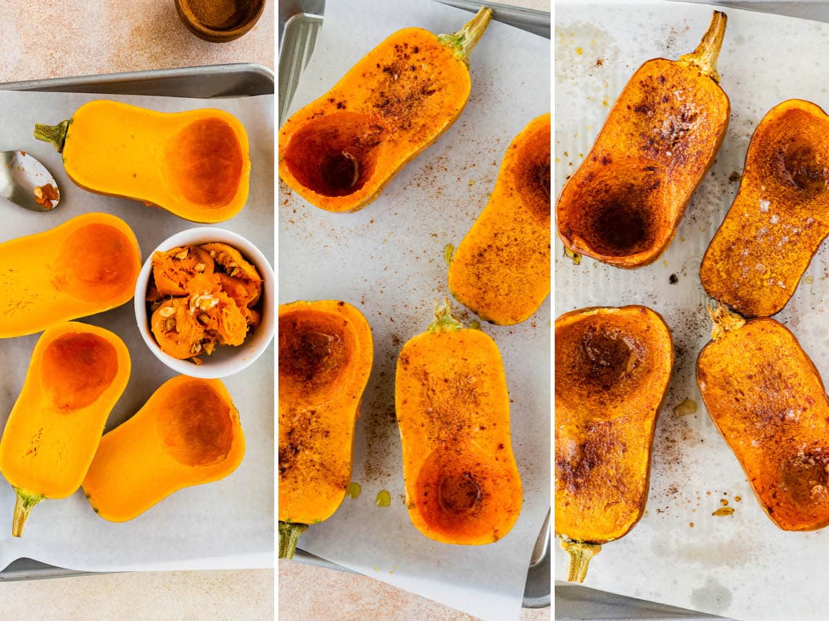 Three photos showing the steps to make Roasted Honeynut Squash: scooping seeds out of the squash, putting on a sheet pan with salt, cinnamon, oil and maple syrup, and then roasting the suqash.