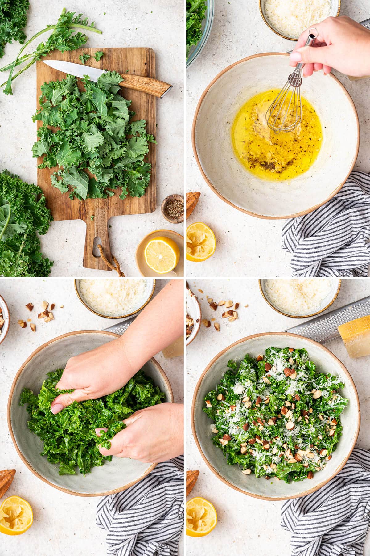 Four photos showing the steps to make Easy Kale Salad: chopping the kale, whisking together a dressing, massaging the kale with dressing and then adding toppings.