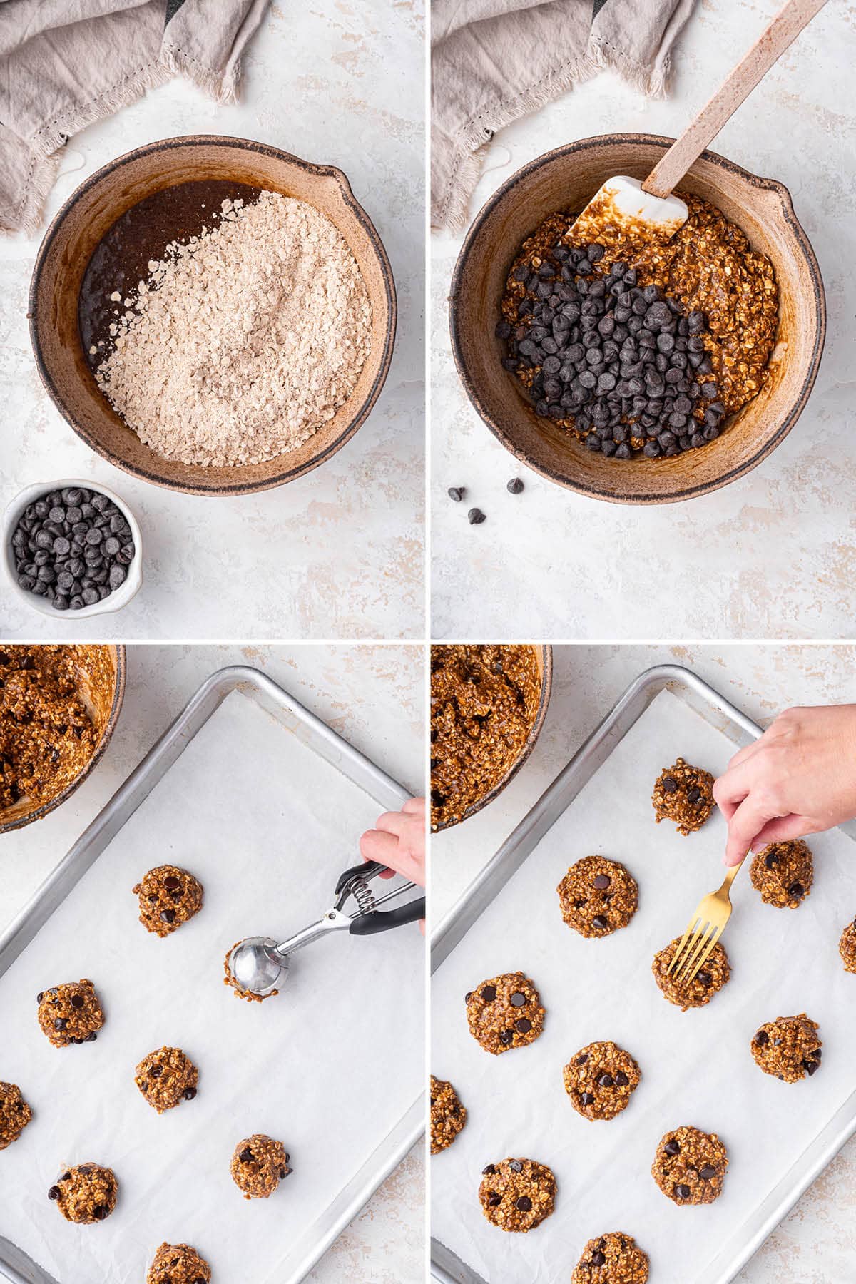 Four photos showing the steps to make Healthy Lactation Cookies: mixing the cookie dough, scooping onto a baking sheet, and pressing the dough slightly down with a fork.