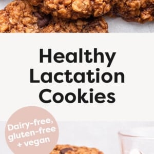 Healthy Lactation Cookies on parchment paper and stacked with one cookie with a bite taken out of it.
