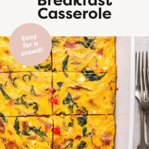 Make-Ahead Breakfast Casserole in a dish cut into slices.