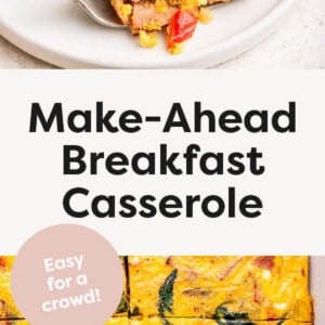 Slice of Make-Ahead Breakfast Casserole on a plate with a fork taking a bite from it. Photo below is of the casserole in a dish cut into slices.