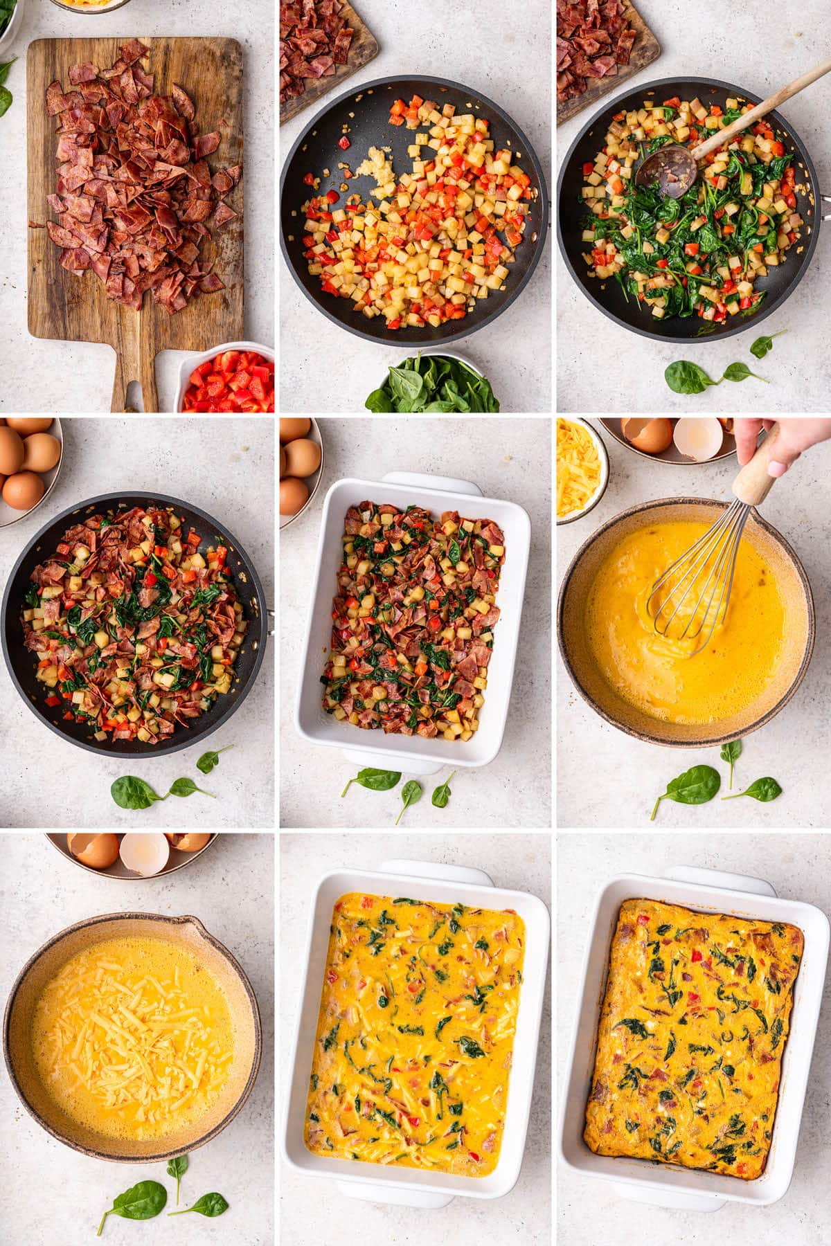 Collage of 9 photos showing how to make Make-Ahead Breakfast Casserole: chopping turkey bacon, cooking potatoes, peppers and spinach in a skilled, adding to a casserole dish, whisking eggs and cheese and pouring over the ingredients. Then baking the breakfast casserole.