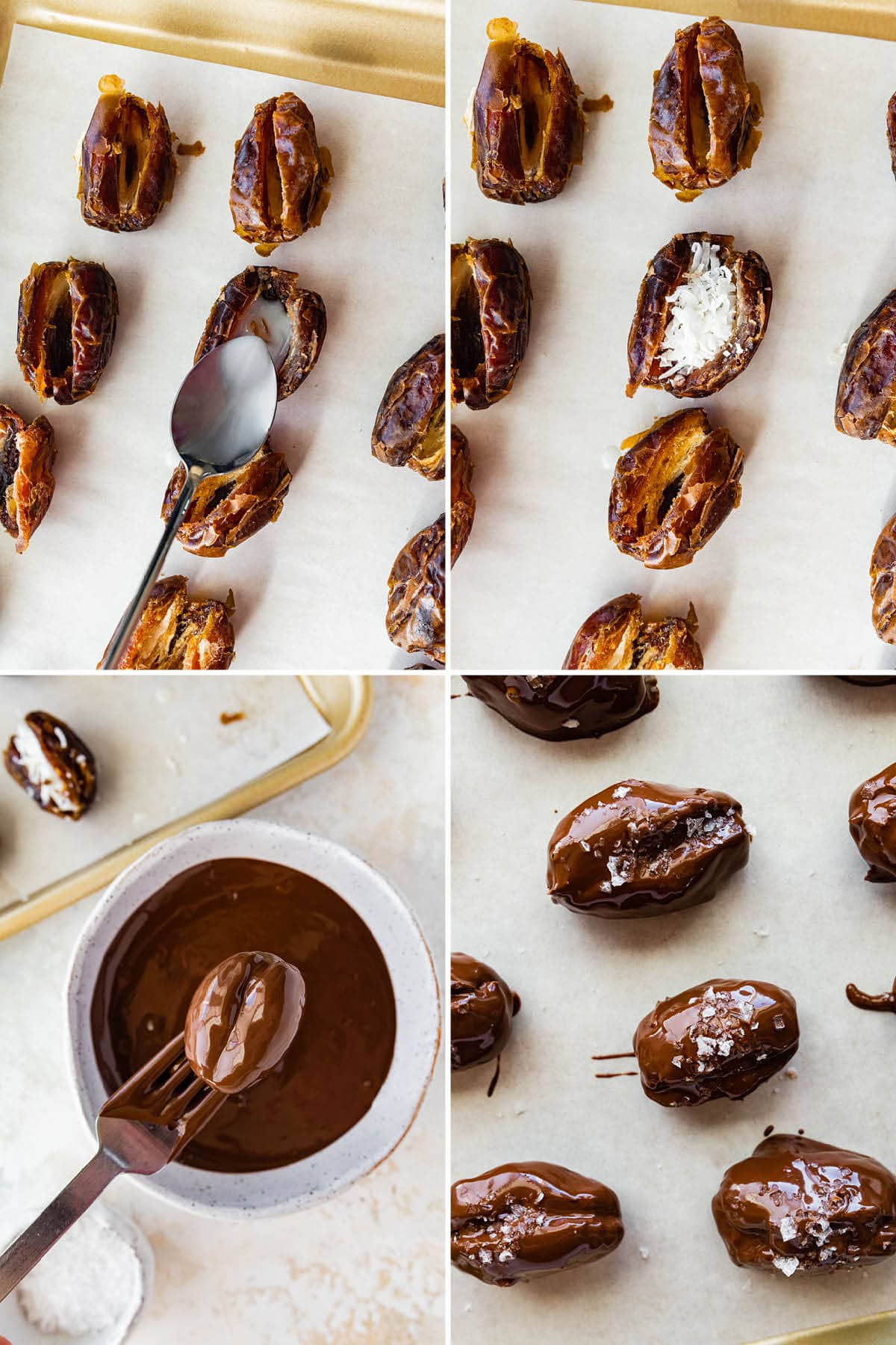 Four photos showing the steps to make Date Mounds Bars: filling with coconut butter and coconut, dipping in melted chocolate and then topping with sea salt.