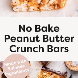 No Bake Peanut Butter Crunch Bars with sea salt sprinkled on top and melted chocolate. One bar has a bite taken out of it.