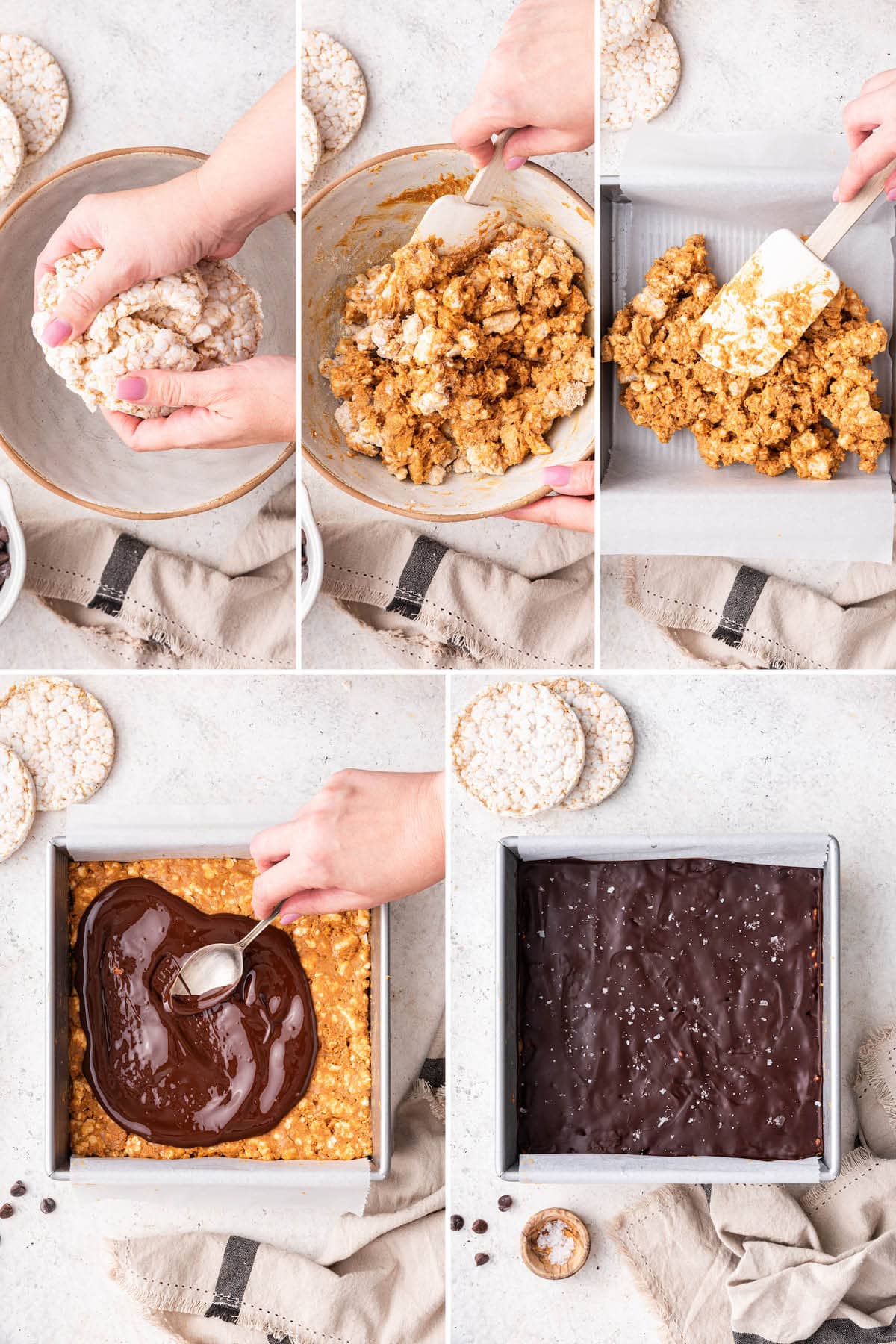 Collage of five photos showing how to make No Bake Peanut Butter Crunch Bars: crunching rice cakes in a bowl, mixing with peanut butter, adding to a pan and then topping with melted chocolate and sea salt.