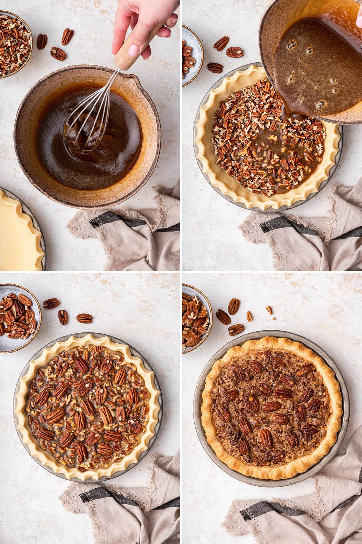 Four photos showing the steps to make Easy Pecan Pie: whisking egg and sugar mixture, pouring that into a pie crust filled with chopped pecans, adding more pecans on top and then baking.