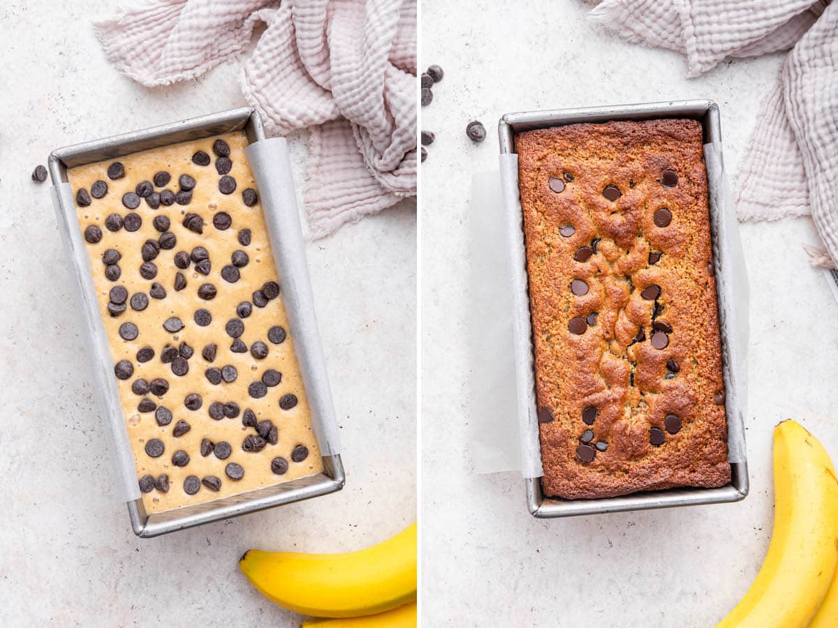 Side by side photos of Protein Banana Bread in a loaf pan before and after being baked.