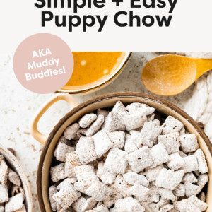 Bowl of Puppy Chow. A bowl of peanut butter and a wooden spoon are beside it.