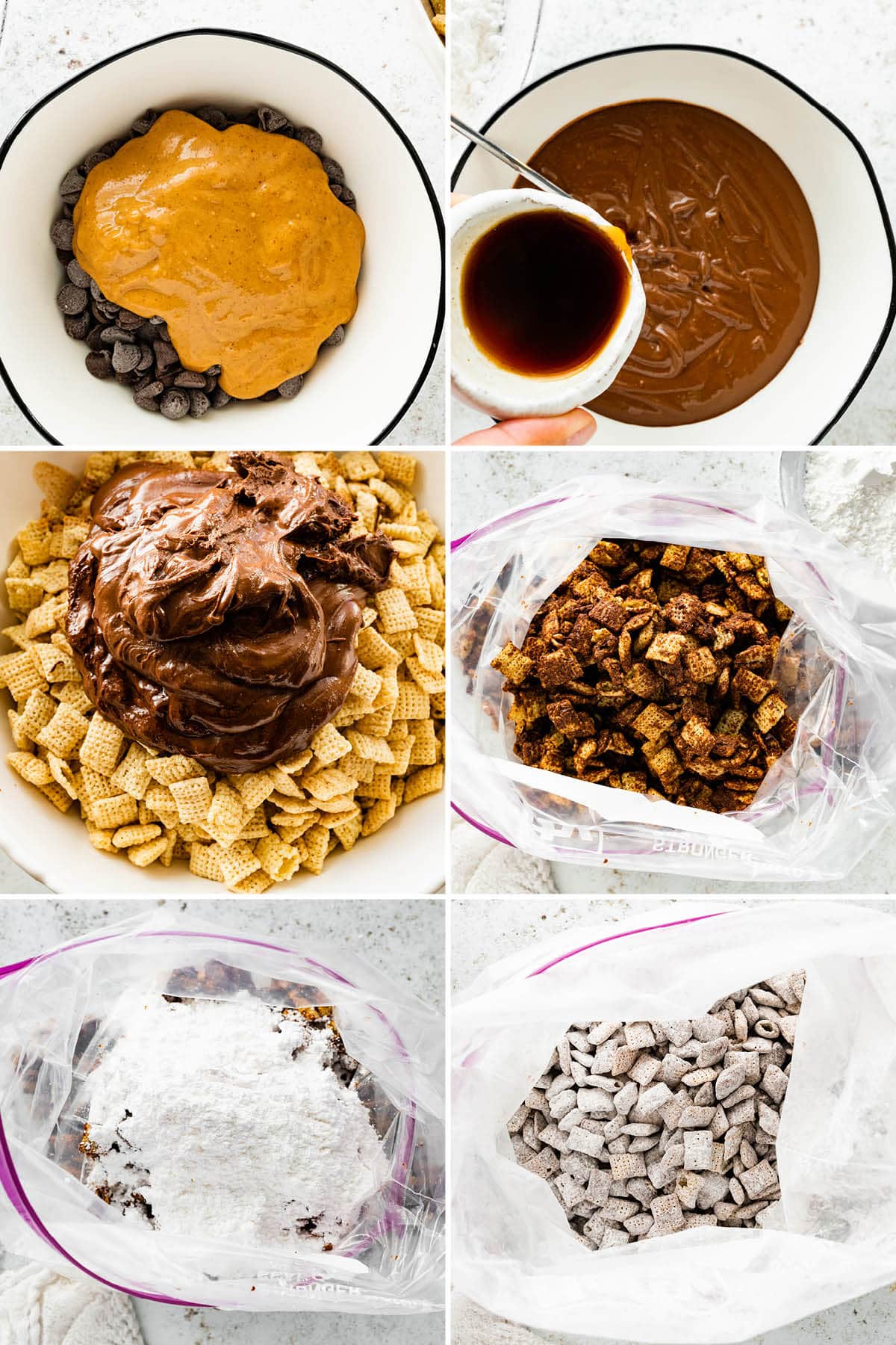 Six photos showing the steps to make Puppy Chow: melting peanut butter and chocolate, stirring in vanilla, tossing the melted chocolate mixture with Chex, and then tossing with powdered sugar in a bag.