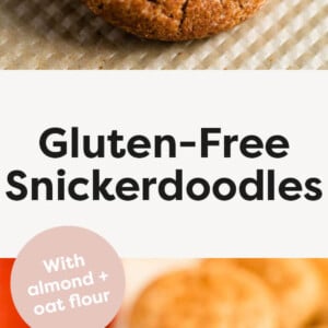 Gluten free snickerdoodles on a cookie sheet. Photo of a woman breaking a snickerdoodle in half.