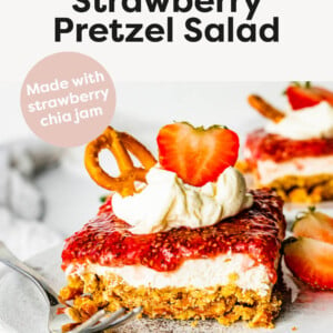 Slice of Healthy Strawberry Pretzel Salad topped with extra toppings.