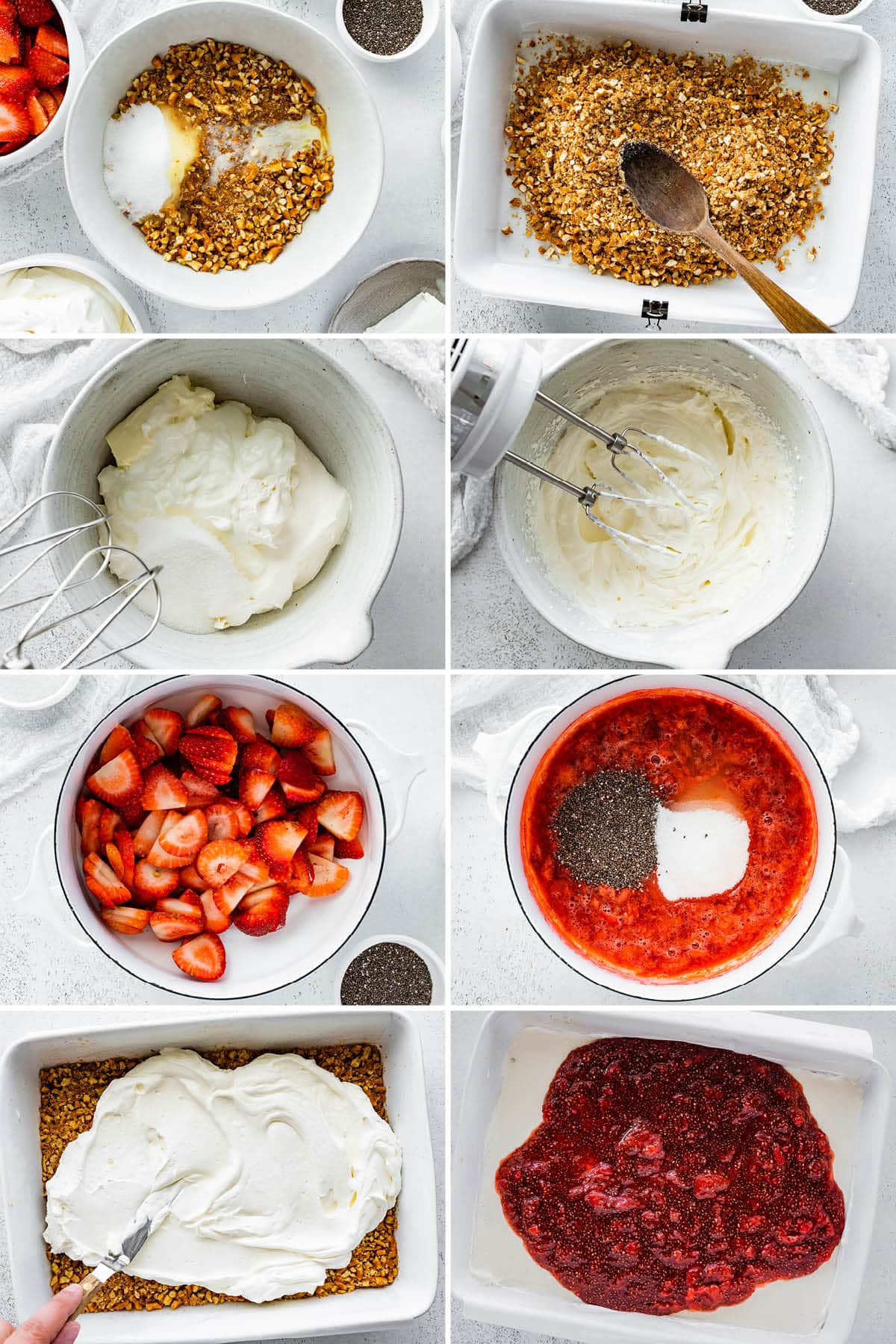 8 photos showing the steps to make Healthy Strawberry Pretzel Salad: making pretzel crush, adding cream layer, making strawberry chia jam and layering on top.