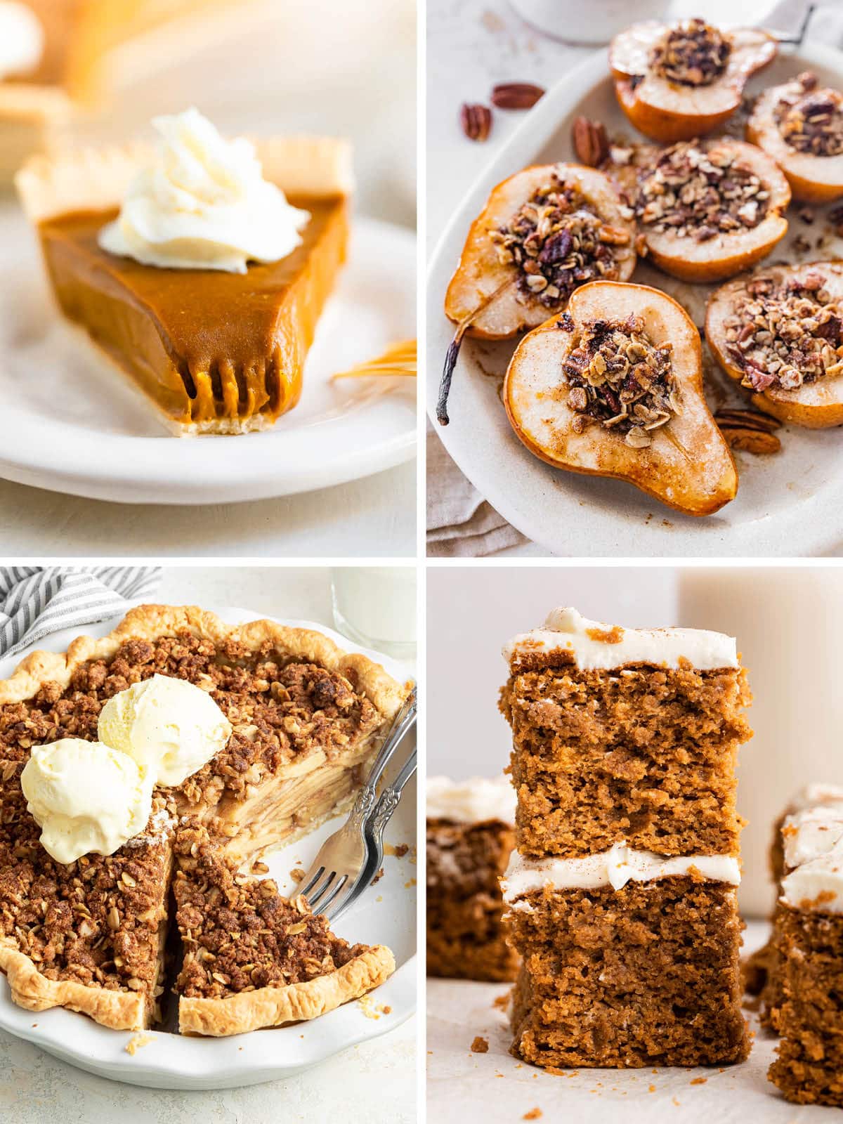 Collage of four photos: sweet potato pie, baked pears, dutch apple pie and pumpkin cake.