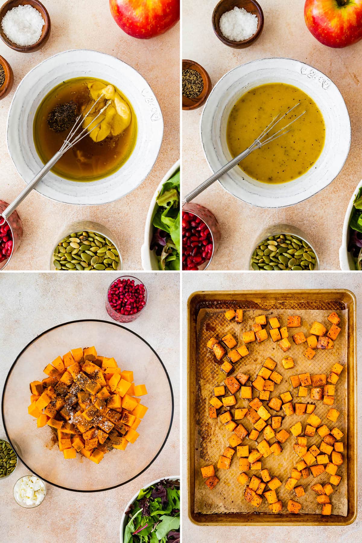 Collage of four photos: two showing the steps to whisk together a maple dijon dressing, and two photos showing steps to roasting cinnamon spiced butternut squash, seasoning cubes of squash in a bowl and then roasting on a sheet pan.