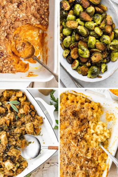 Collage of four photos: sweet potato casserole, roasted brussels sprouts, stuffing and baked mac and cheese.