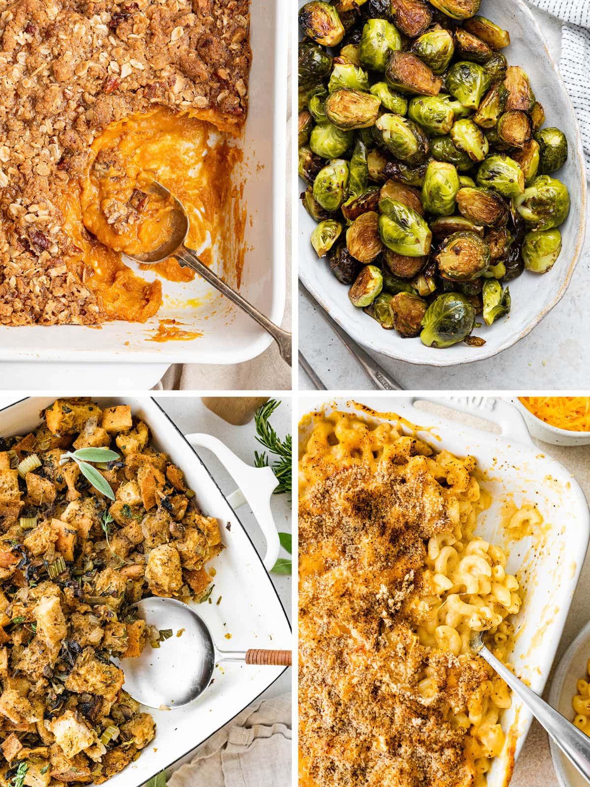 Collage of four photos: sweet potato casserole, roasted brussels sprouts, stuffing and baked mac and cheese.