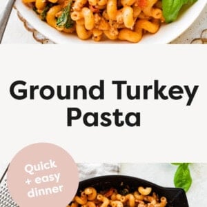 Ground Turkey Pasta served in a bowl and shown in a skillet.