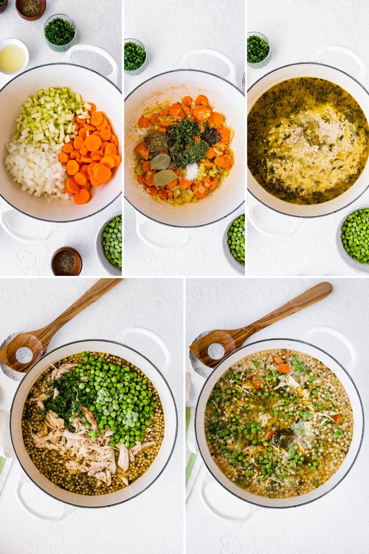 Collage of five photos showing the steps to make Turkey Soup: cooking the carrots, celery and onion, adding herbs, broth, couscous, peas and shredded turkey.