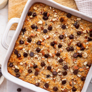 Almond joy baked oatmeal in a square baking dish after being baked.