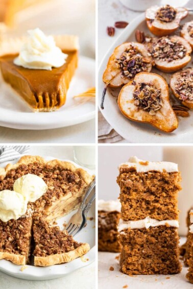Collage of four photos: sweet potato pie, baked pears, dutch apple pie and pumpkin cake.