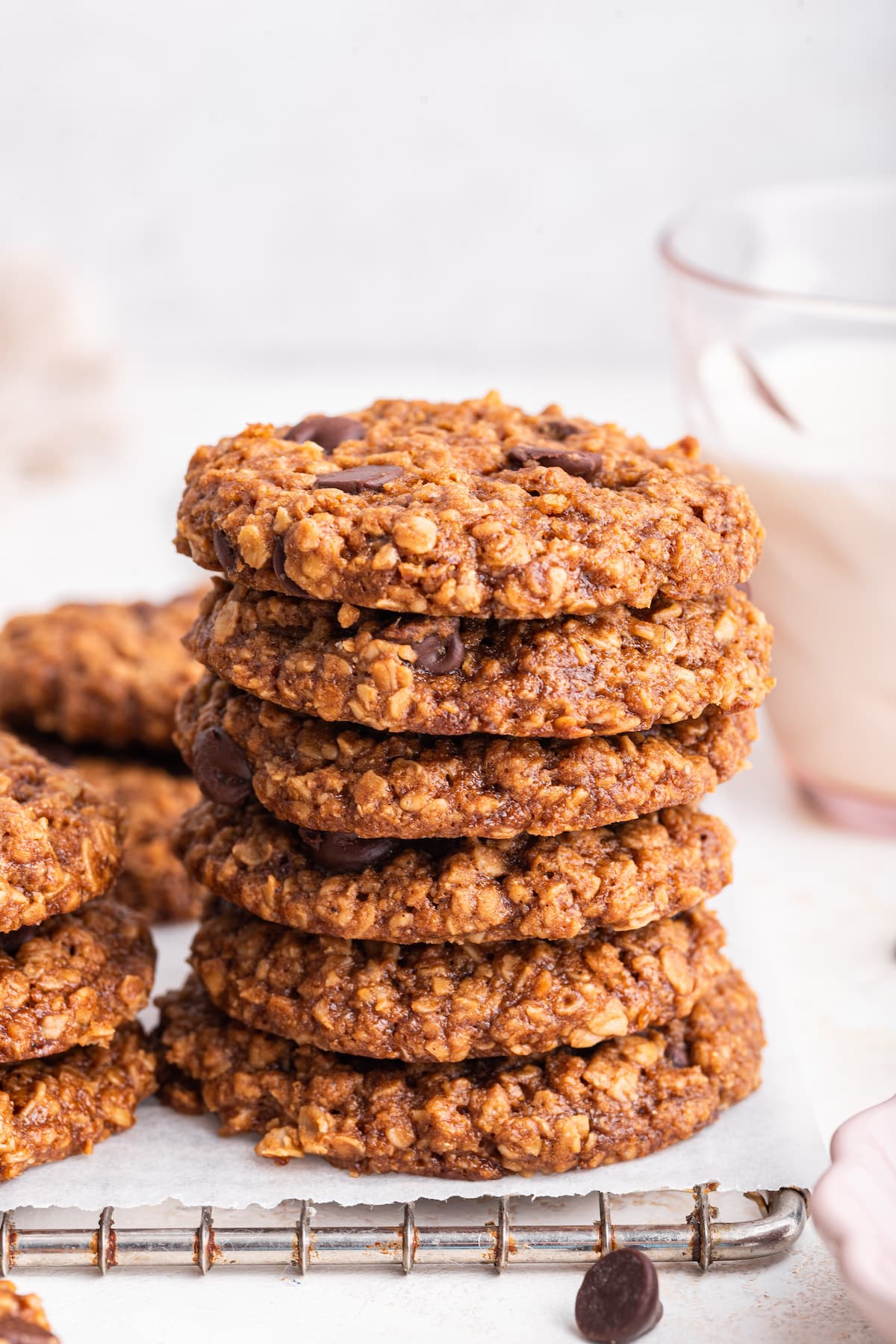 Six lactation cookies stacked on one another.