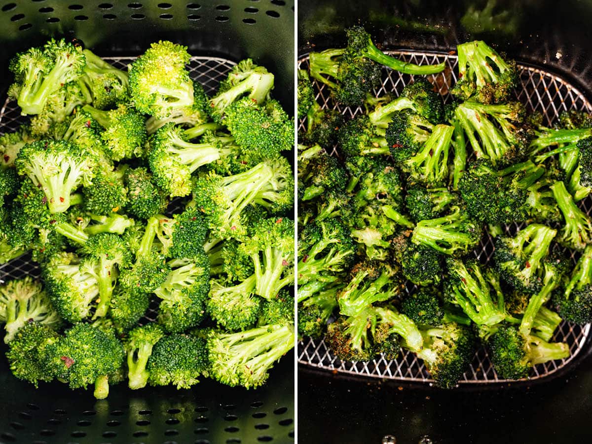 Side by side photos of broccoli in an air fryer basket, before and after being cooked.