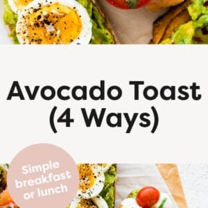 Four types of avocado toast on parchment paper.