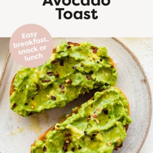 Two slices of avocado toast on a plate.