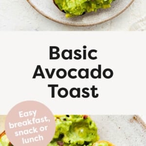 Photos of two slices of avocado toast on a plate.
