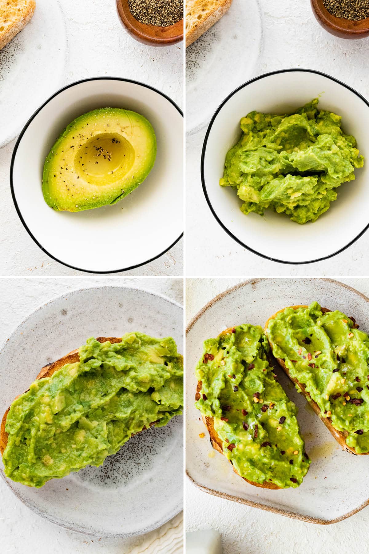Collage of four photos showing how to make avocado toast: mashing avocado with salt and pepper, spreading onto toast and topping with red pepper flakes.