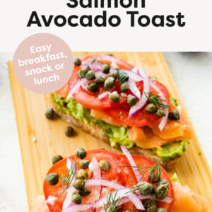 Avocado toasted topped with smoked salmon, tomato, capers, red onion and dill.