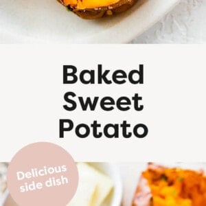 Photos of Baked Sweet Potatoes on a platter served with butter and chives.