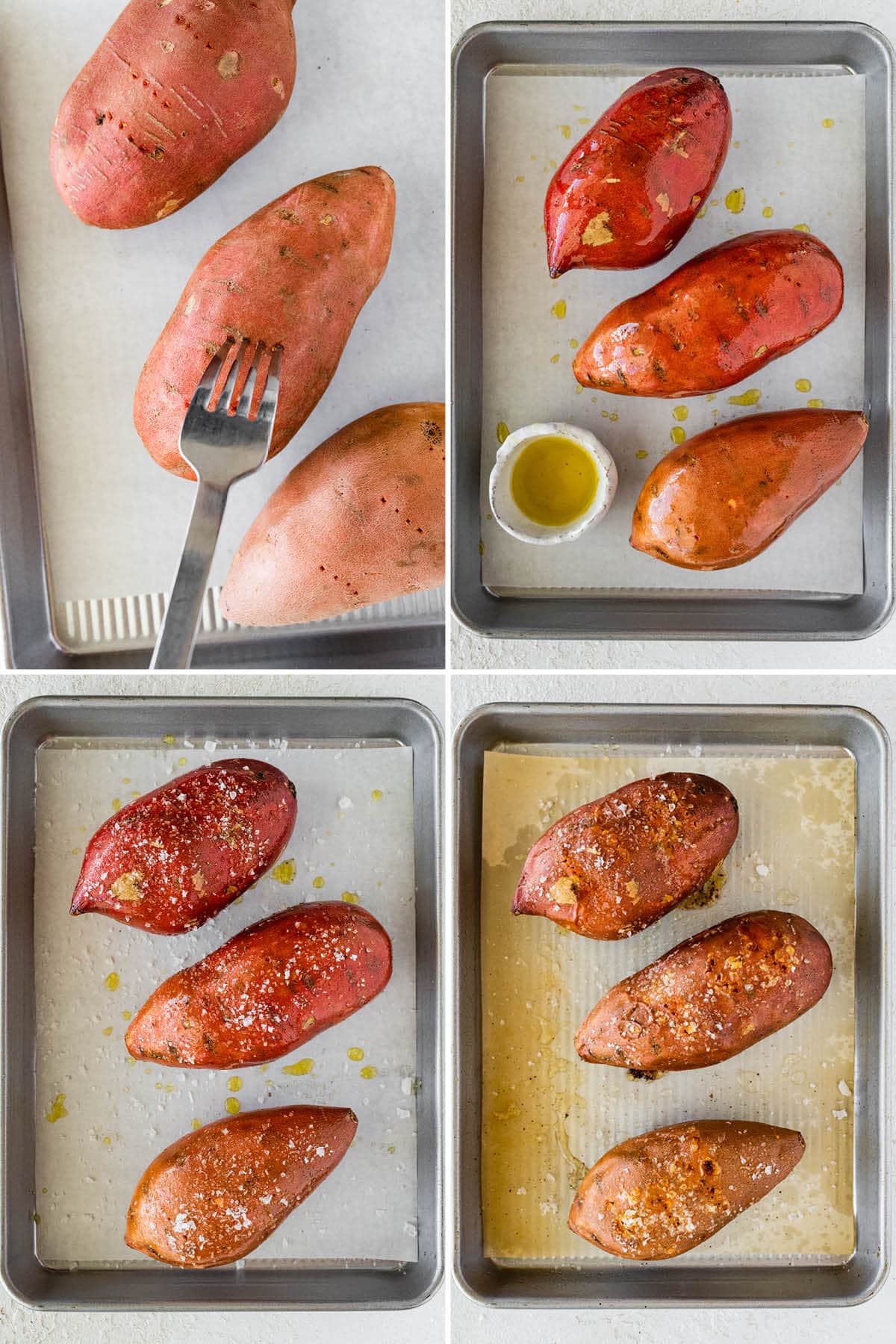 Collage of four photos showing how to make Perfect Baked Sweet Potato: poking holes in sweet potatoes with a fork, adding oil and salt to the potatoes and baking on a sheet pan.