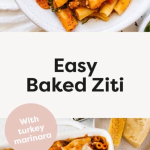 Easy Baked Ziti on a plate and in a casserole dish.