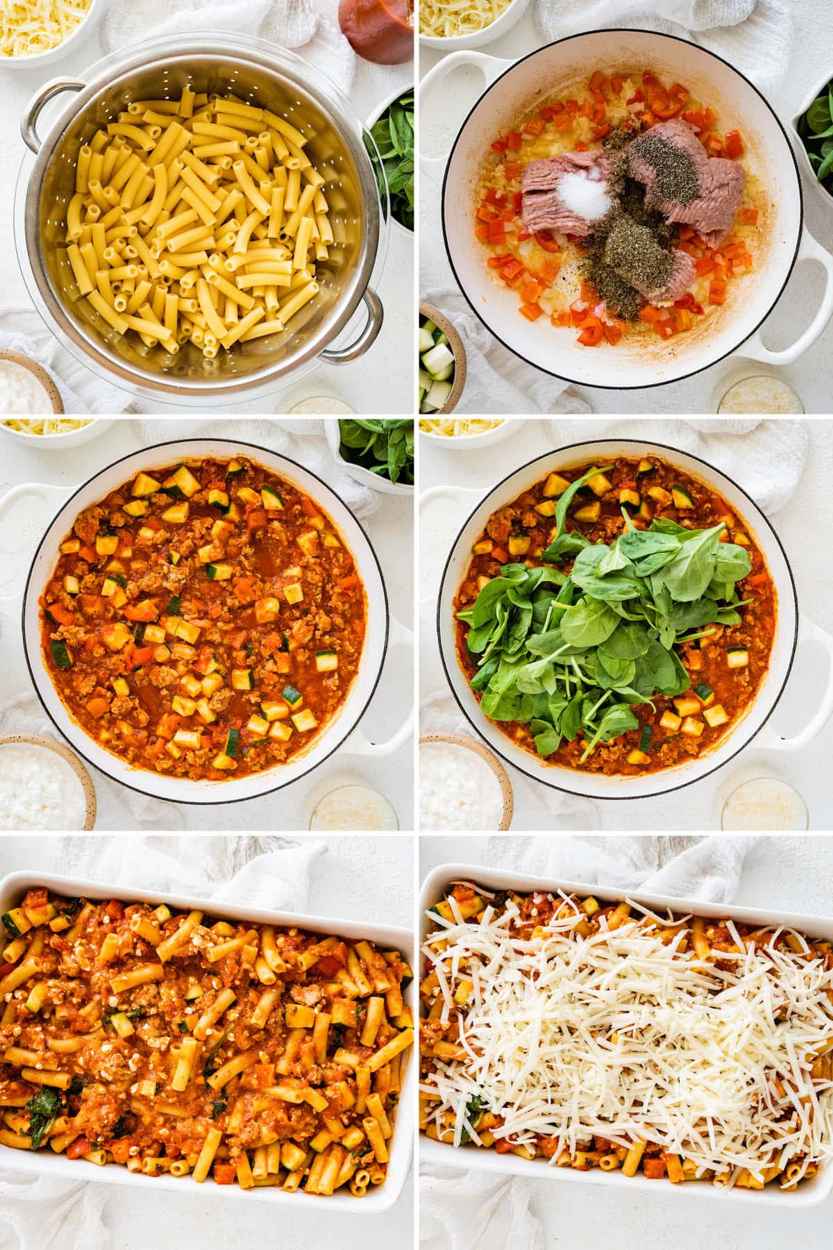 Collage of six photos showing the steps to make Easy Baked Ziti: cooking ziti, making a veggie turkey meat sauce, adding the sauce and ziti to a casserole dish and topping with cheese.