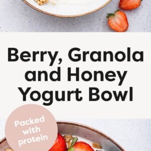 Photos of Berries, Granola and Honey Yogurt Bowl with a spoon in the bowl.